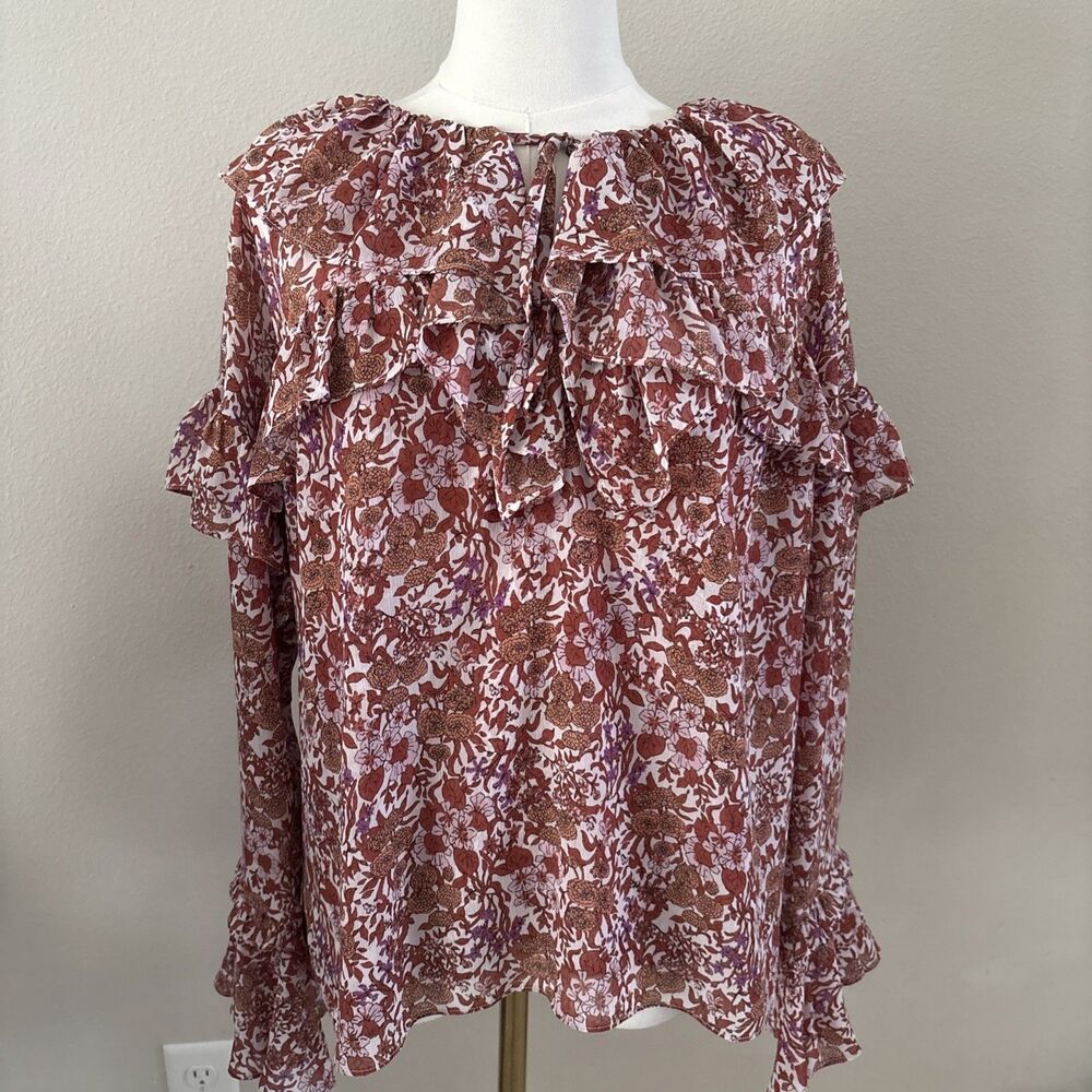 J.Crew Ruffle Crinkle Chiffon Top Womens Size M Long Sleeve Orange Fete Floral